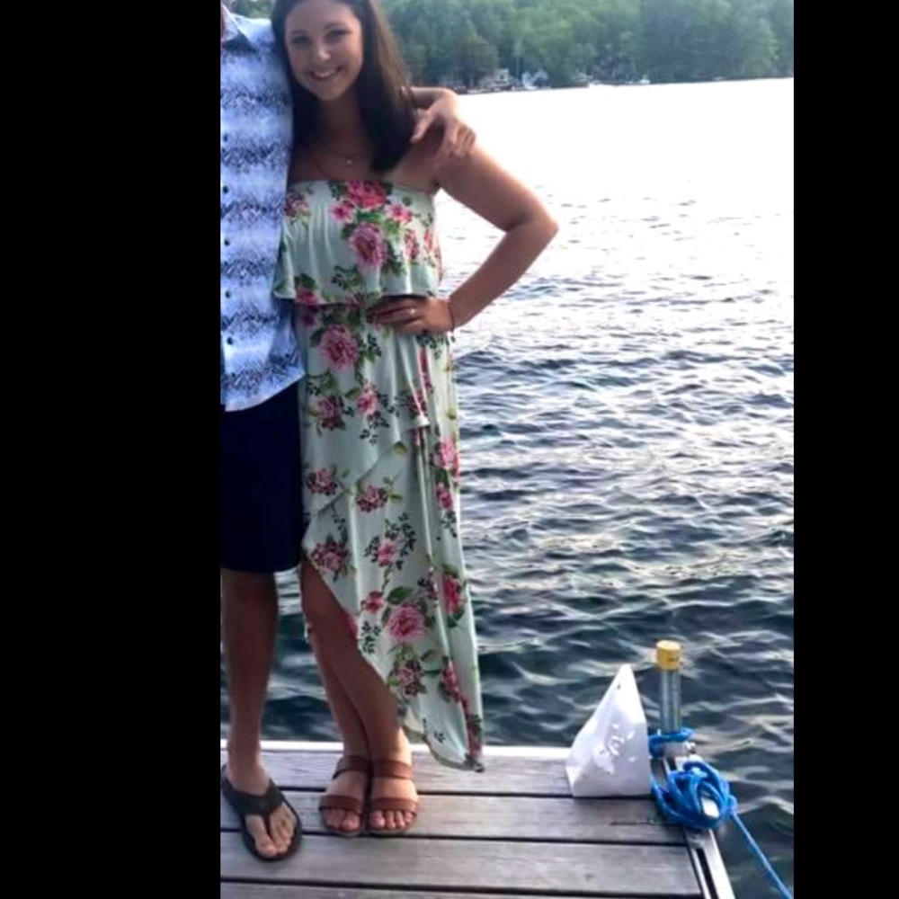 Mint green floral high low maxi dress strapless